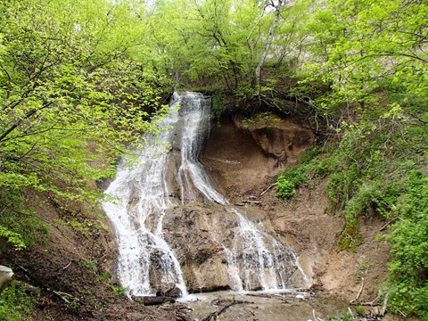 A waterfall curves down the side of a dark canyon wall before forming a wide shallow pool below.