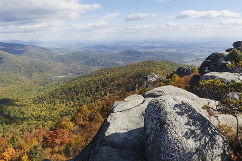 A summit of rocks highlighted by the yellows and reds of fall colors.