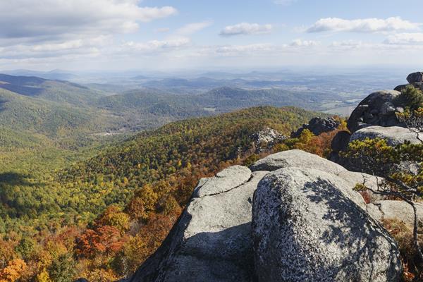 A summit of rocks highlighted by the yellows and reds of fall colors.