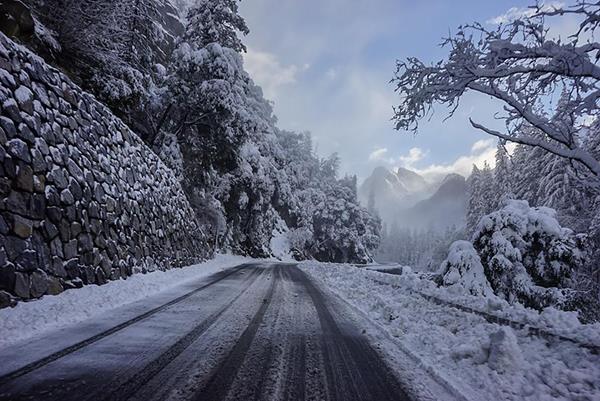 Icy, snowy road in Yosemite