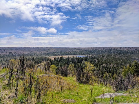 Cloudy skies overlook forested ridges and a creek in the distance.