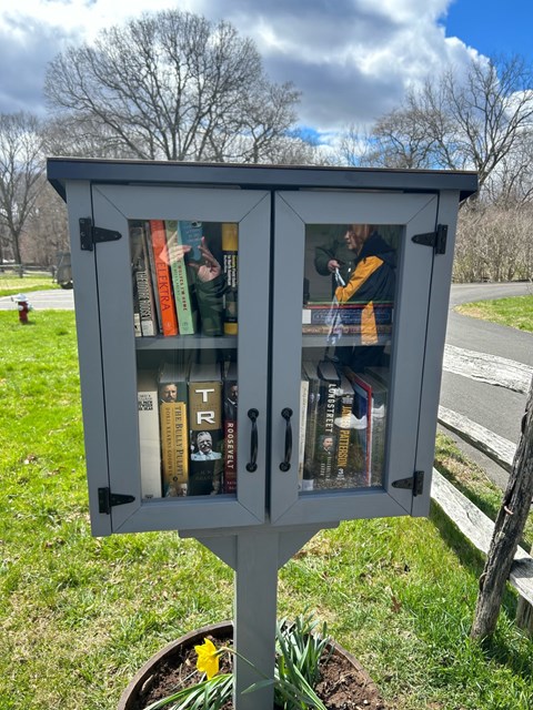 A gray Little Free Library standing on a grass lawn