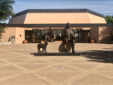 The bronze sculpture of Benito Juarez installed on the esplanade in front of the Cultural Center.