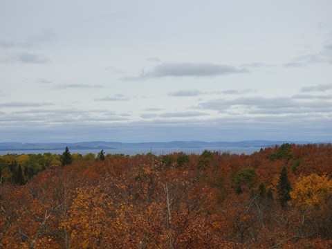 View from ridgetop with trees in fall foliage, Lake Superior, and the Canadian shoreline.