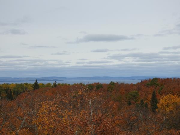 View from ridgetop with trees in fall foliage, Lake Superior, and the Canadian shoreline.