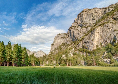 A large meadow underneath towering granite walls.