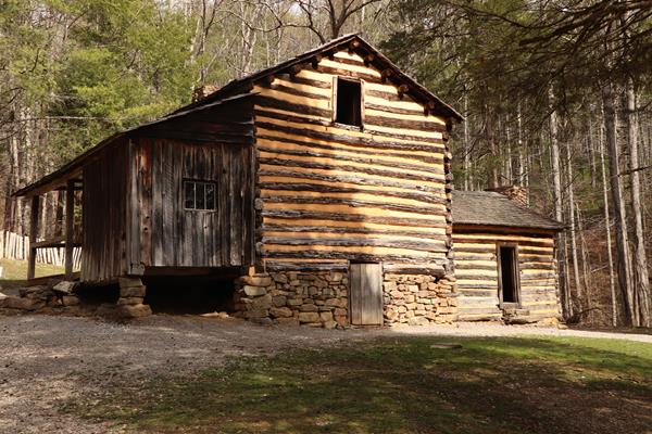 A nineteenth century cabin sits on 1.5-acre lot surrounded by trees.