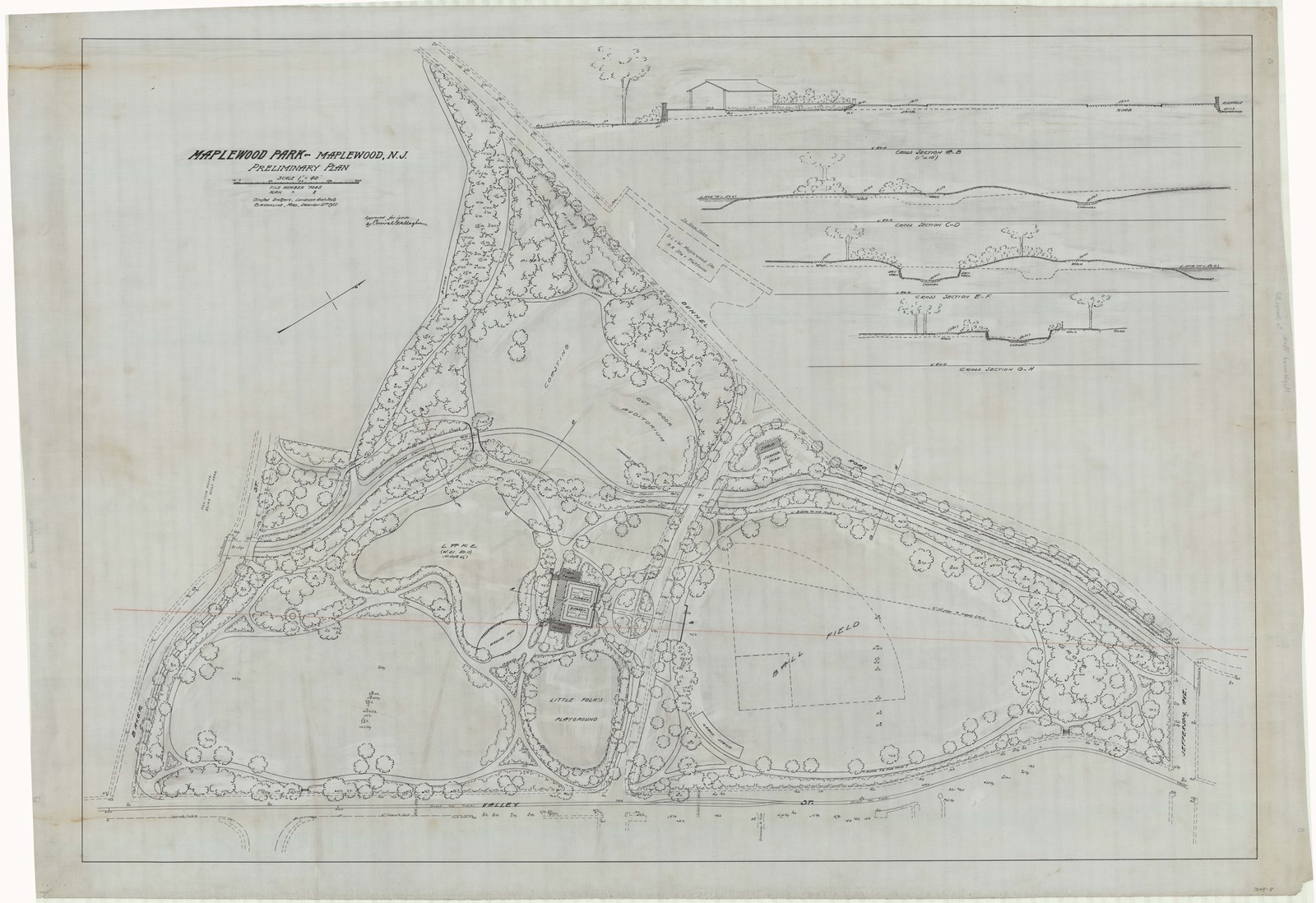 Pencil drawing of triangular park with three open spaces, many paths and trees all over