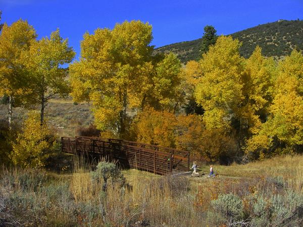 Trail head with children playing near a bridge. Fall colors in background.