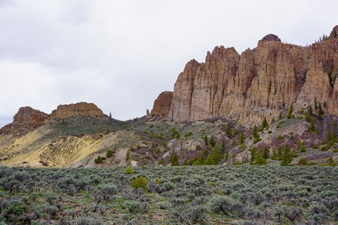 Tall rock spires in front of scrub land