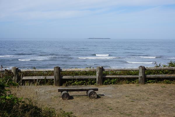 A wooden bench and a fence overlook the ocean.