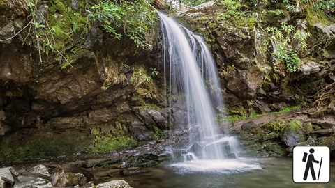 A waterfall surrounded by rocks, moss, and plants. Trail leads behind it. A hiker icon in corner.