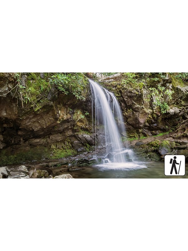 A waterfall surrounded by rocks, moss, and plants. Trail leads behind it. A hiker icon in corner.