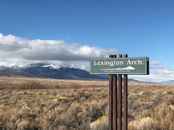 Green and white road sign for Lexington arch road
