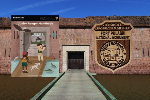 A brick fort with drawbridge with photoshopped images of a booklet and a wooden badge.
