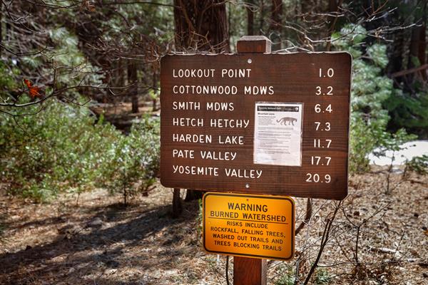 Wooden trailhead sign with mileages on it