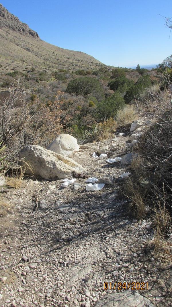 White toilet paper lays along a desert mountain landscape
