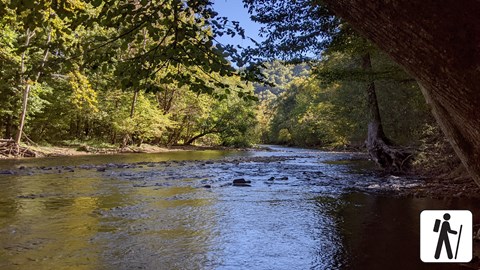 A wide, curving river lined by green trees. Hiker icon in corner.