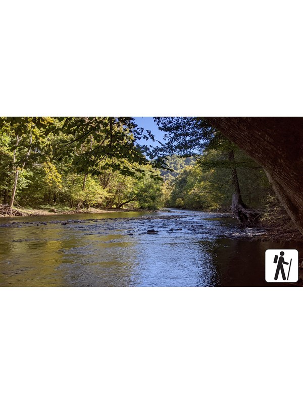 A wide, curving river lined by green trees. Hiker icon in corner.