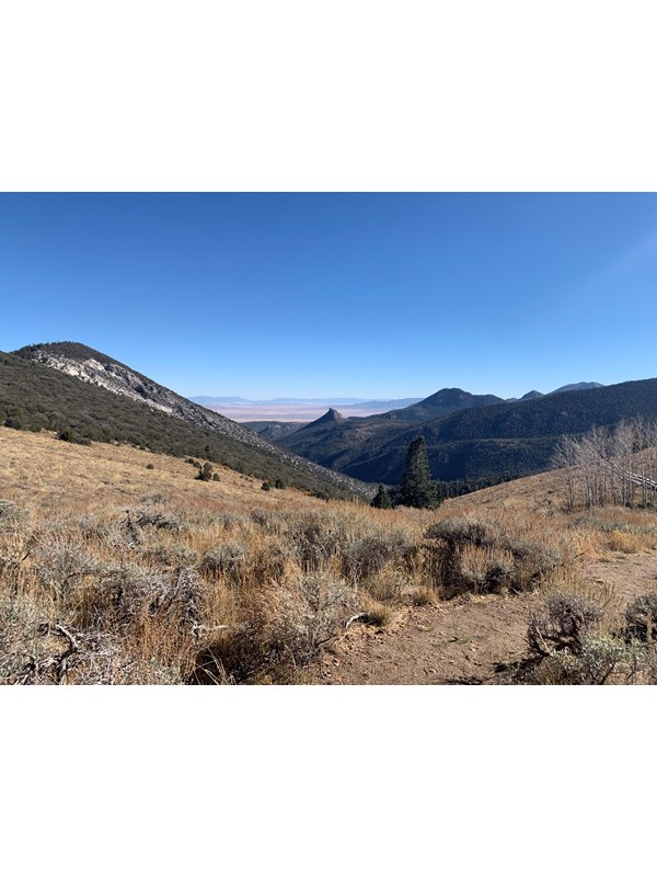 Brown and green sagebrush extends to mountains, a valley behind them, and another distant range.