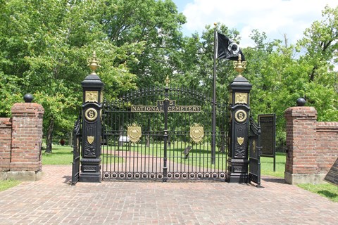 Iron gates adorn the entrance to the Shiloh National Cemetery