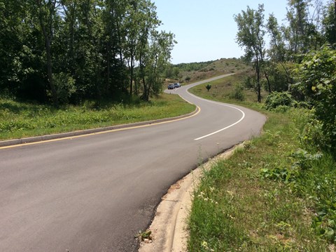 A paved road winds through plant covered sand dunes.