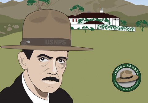 Illustrations of Eugene O'Neill with ranger hat. Illustrated home and hills in background.
