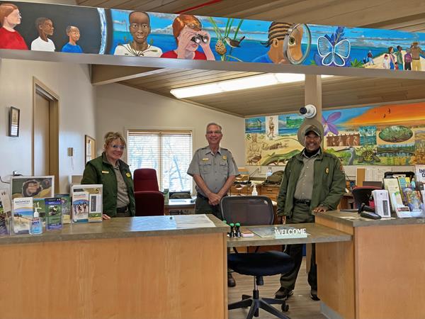 Front desk of the Douglas Center with attending rangers.