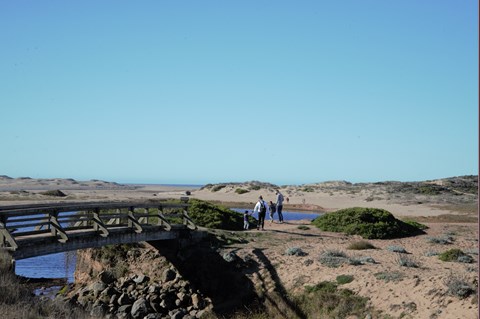 A family of four next to a small footbridge that leads to a sand dune-bordered coastal lagoon.