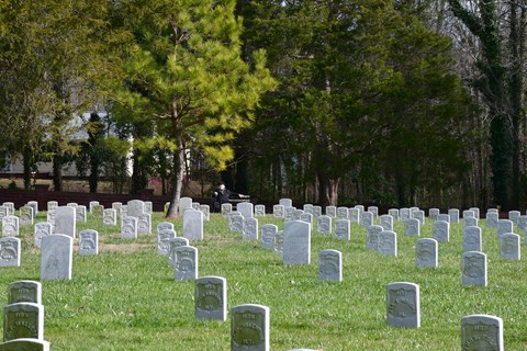 A man in a dark suit sits on a bench surrounded by white marble headstones.