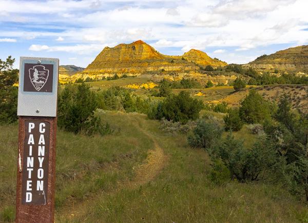 A view up a trail towards a butte through junipers. A trail marker reads Painted Canyon.