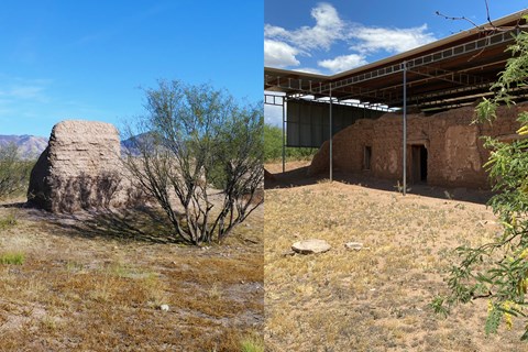 side-by-side images of adobe ruined walls