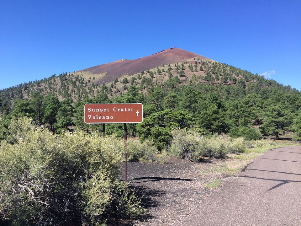 A red and black basalt cinder cone sparsely covered in trees as seen from a road.