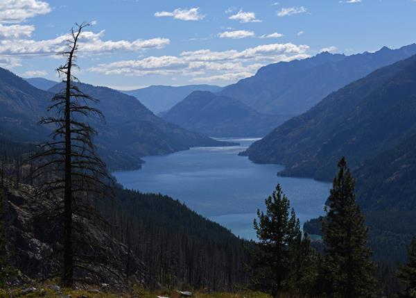 A view from elevation looking down on a long blue lake with steep forested hills on both sides.