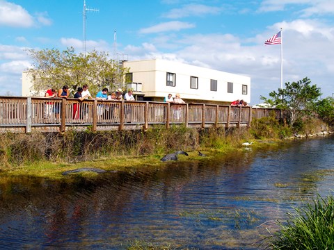 Boardwalk with visitors and Ranger with canal in the foreground. Alligators are below boardwalk