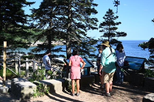 Group of visitors reading wayside exhibits at scenic overlook.