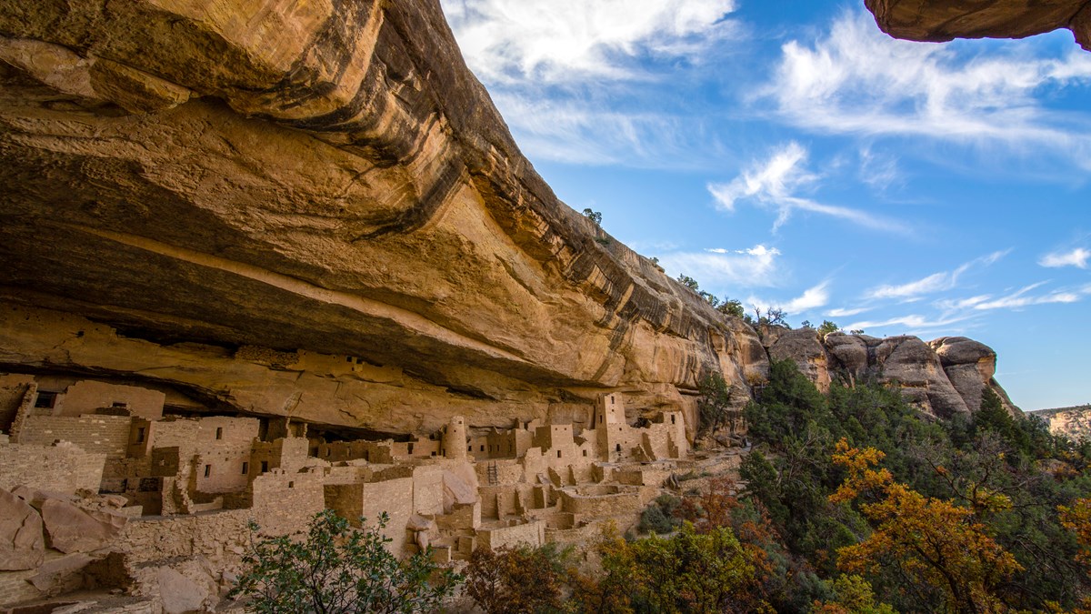 Looking down at Cliff Palace, a large multi-storied stone-masonry village in a sandstone alcove