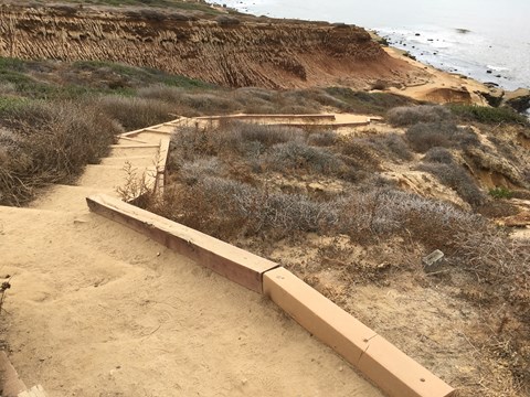 A long downward set of steps along a dirt path going towards the ocean.