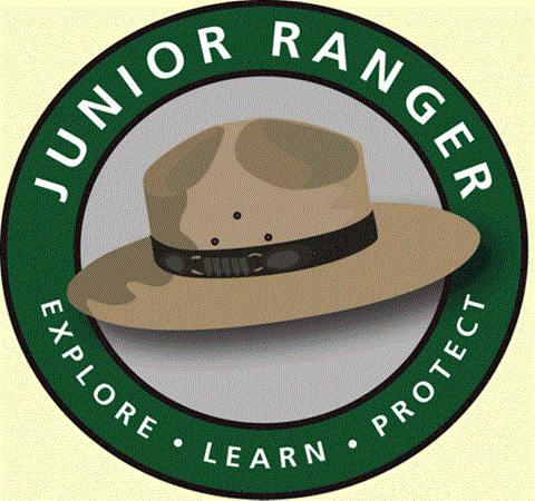 Park ranger hat with text "Junior Ranger. Explore. Learn. Protect."