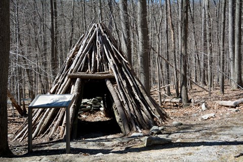 A triangular wooden hut made of sticks in a forest.