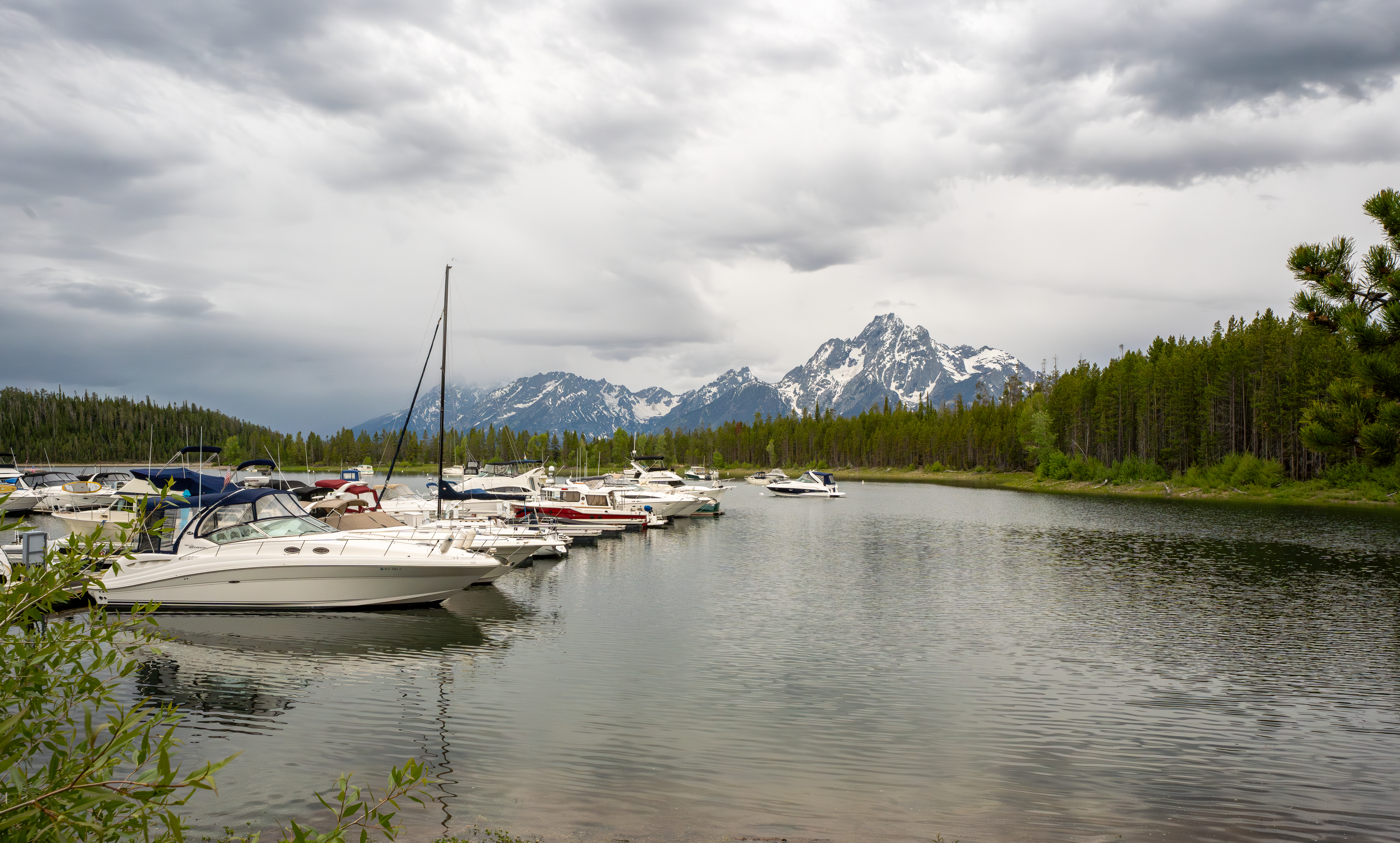Boats parked at a dock in a bay with conifer trees, mountains, and cloudy sky in the background.