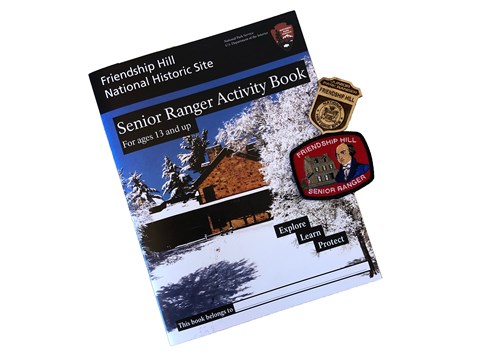 The Friendship Hill Senior Ranger Activity Book, patch, and Junior Ranger Badge