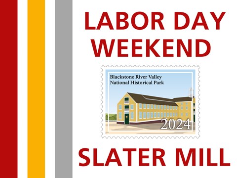 Graphic with Old Slater Mill in the center and three vertical stripes red, yellow, and grey