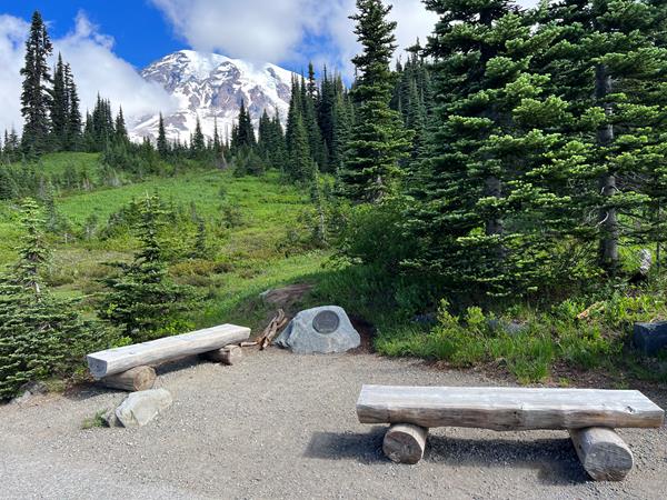 Two benches next to a small gray rock with bronze plaque in center surrounded by trees and mountain