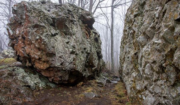 Two large boulders on a foggy hiking trail.
