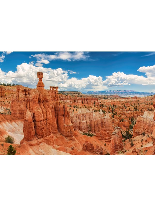 A view over a landscape filled with red rock formations with the iconic thor's hammer formation.