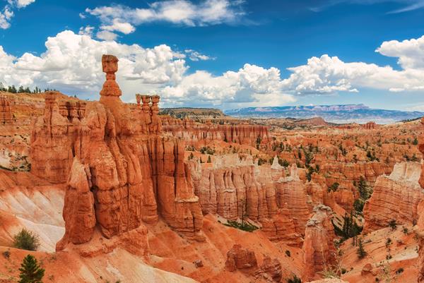 A view over a landscape filled with red rock formations with the iconic thor's hammer formation.