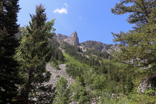 A rock pinnacle towers above at the top of a slope covered in boulders and green vegetation.