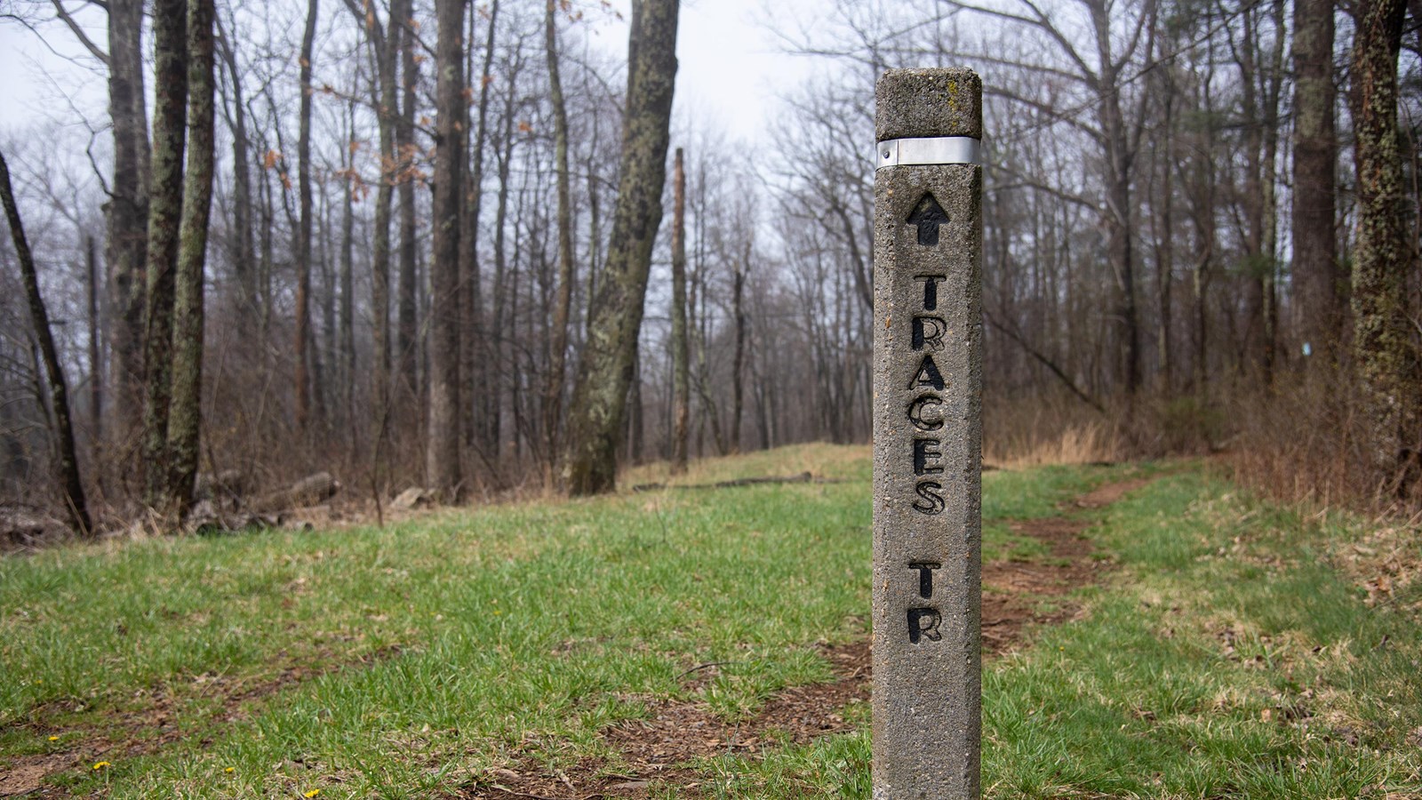 A concrete post with metal band around it pointing to the Traces Trail.