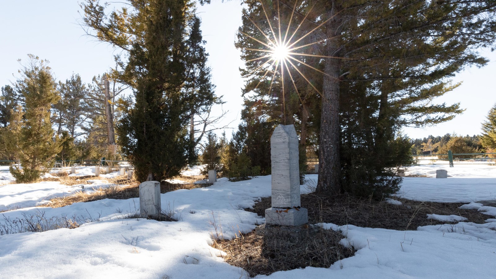 An outdoor cemetery with large trees, short shrubs, headstones, and a green fence covered in snow.